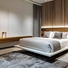 Fototapeta na wymiar 11 A contemporary, minimalist bedroom with a mix of white and natural wood finishes, a low platform bed, and a large, abstract painting2, Generative AI