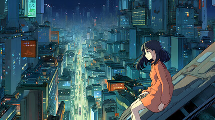 Fototapeta na wymiar Futuristic Anime Girl in an Asian Metropolis