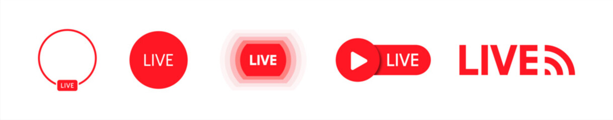 Set of live streaming icons. Red symbols and buttons of live streaming, broadcasting, online stream. Lower third template for tv, shows, movies and live performances 10 eps.
