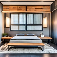 6 A modern, industrial-inspired bedroom with a mix of metal and wood finishes, a low platform bed, and a mix of patterned and solid bedding4, Generative AI