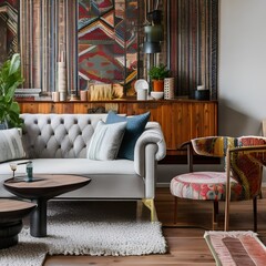 9 A bohemian-inspired living room with a mix of patterned and textured upholstery, a mix of antique and modern furniture, and a woven wall hanging5, Generative AI