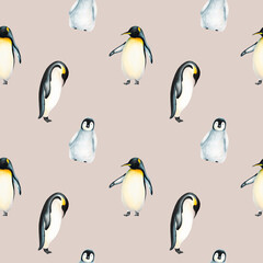 Watercolor seamless pattern with king penguin family isolated. Hand painting realistic Arctic and Antarctic ocean mammals. For designers, decoration, postcards, wrapping paper, scrapbooking, covers