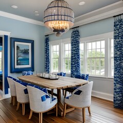 15 A beachy, coastal-inspired dining room with a mix of blue and white finishes, a mix of upholstered and wooden chairs, and a statement chandelier2, Generative AI