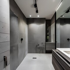 4 A contemporary, minimalist bathroom with a mix of white and concrete finishes, a large, frameless mirror, and a mix of open and closed storage1, Generative AI