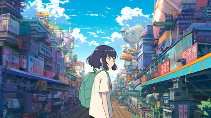 Obraz na płótnie Canvas Futuristic Anime Girl in an Asian Metropolis