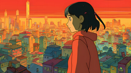 Futuristic Anime Girl in an Asian Metropolis