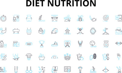 Diet nutrition linear icons set. Protein, Carbohydrates, Minerals, Vitamins, Fiber, Nutrients, Antioxidants vector symbols and line concept signs. Omega-,Superfoods,Detox illustration