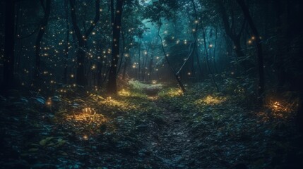 Firefly flying in the forest. Fireflies in the bush at night. Ai generative.