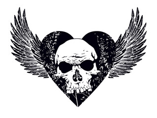T-shirt design of a black winged heart with a skull. vector illustration ideal for a heavy rock album cover