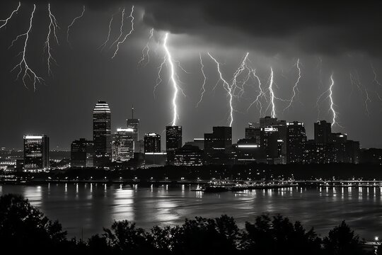 a thunderstorm over a big city with several lightnings created with Generative AI technology
