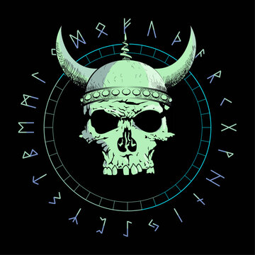 T-shirt vector design of a viking skull with horns over an inverted star and runic characters isolated on black. Poster	