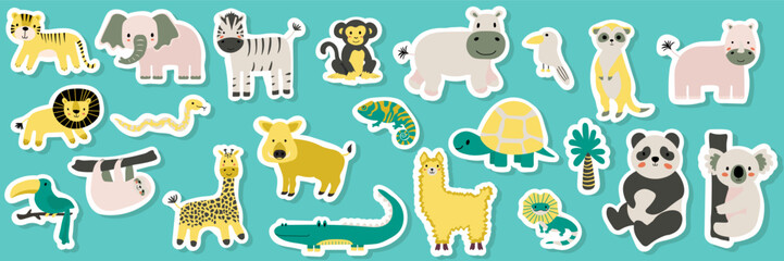Vector mega sticker set with tiger,lion,zebra,giraffe,elephant,lizard,crocodile,rhinoceros,toucan, sloth,bird,turtle,koala,monkey,meerkat,panda,llama,hippopotamus,snake,chameleon,boar.Tropical animals