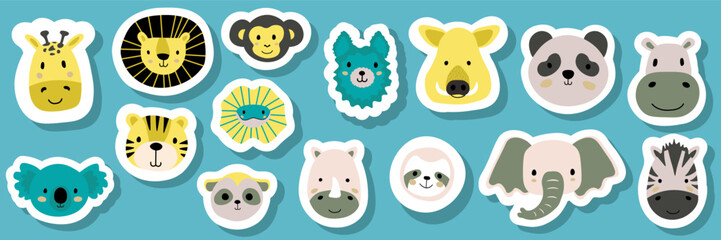 Vector mega sticker set with tiger,lion,zebra,giraffe,elephant,lizard,rhinoceros, sloth,koala,monkey,meerkat,panda,llama,hippopotamus,boar.Tropical jungle cartoon creatures.