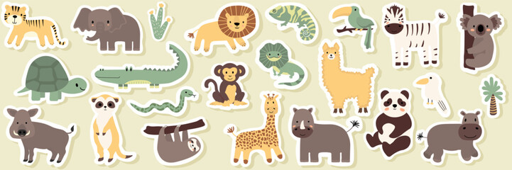 Vector seamless pattern with lion, toucan, parrot, crocodile, zebra, elephant, sloth.Tropical jungle cartoon creatures.Cute natural pattern for fabric, childrens clothing,textiles,wrapping paper.