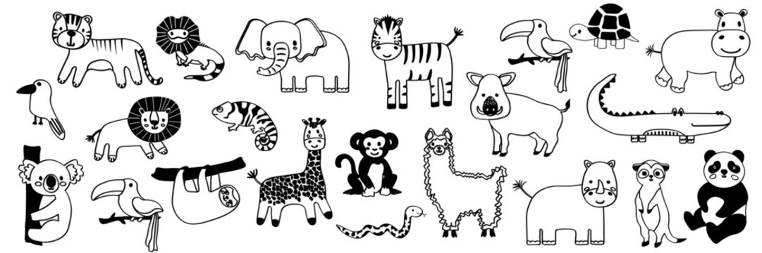 Vector seamless pattern with lion, toucan, parrot, crocodile, zebra, elephant, sloth.Tropical jungle cartoon creatures.Cute natural pattern for fabric, childrens clothing,textiles,wrapping paper.