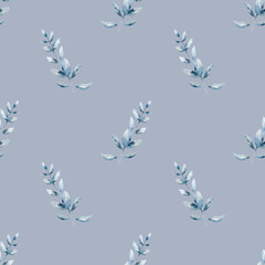 watercolor floral and leaves seamless pattern. Foliage seamless pattern of blue branches with leaves, watercolor floral illustration on white background.