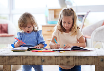 Fototapeta premium Theres so much to draw. two little sisters drawing at home.