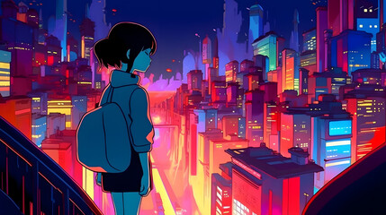 Futuristic Anime Girl in an Asian Metropolis