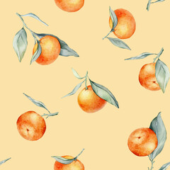 Seamless watercolour citrus fruits and leaves pattern. Green leaves and orange fruits on orange background. Seamless mandarin and oranges watercolour illustration