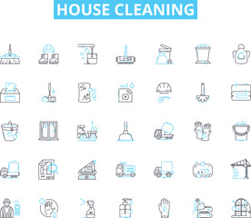 House cleaning linear icons set. Sweep, Mop, Vacuum, Dust, Scrub, Sanitize, Tidy line vector and concept signs. Polish,Disinfect,Wipe outline illustrations