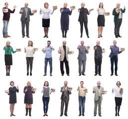 Obraz premium group of happy people with gifts in their hands isolated