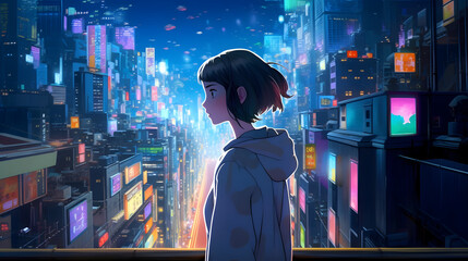 Fototapeta premium Futuristic Anime Girl in an Asian Metropolis