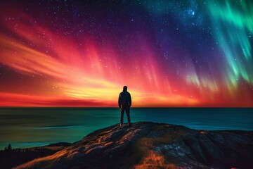 Obraz premium a man stands on a cliff and looks into the distance created with Generative AI technology
