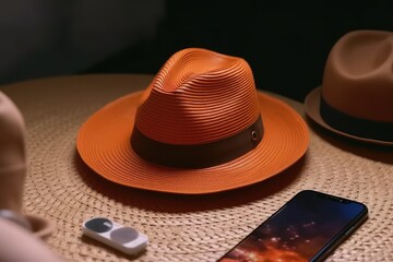 cell phone and hat placed on a wooden table. Generative AI