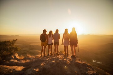 Group of Friends Seen from Behind, Standing Atop Mountain on a Summer Day Sunlight. Generative ai