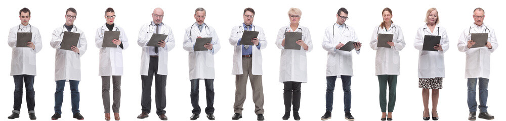 full length group of doctors with notepad isolated