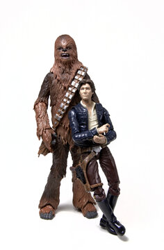 NEW YORK USA, NOV 15 2016: Portrait of Star Wars Han Solo and Chewbacca the Wookiee posing for camera - Hasbro 6 inch Black Series action figures