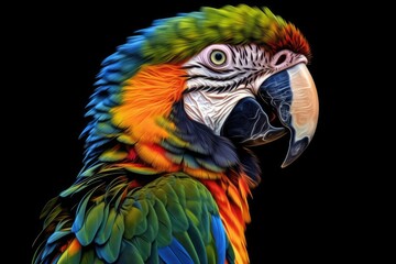 vibrant and colorful parrot perched on a branch against a dark black background. Generative AI