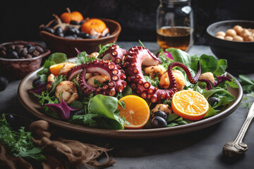 Fototapeta na wymiar Baby Octopus Salad on a rustic background. AI Generative Illustrations