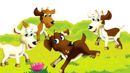 Obraz na płótnie Canvas Cartoon farm scene with animal goat having fun on white background - illustration for children artistic painting scene