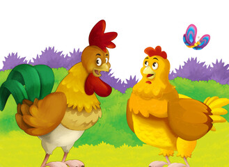 Cartoon farm scene with animal chicken bird having fun on white background with space for text - illustration for children artistic painting scene