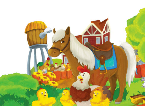 Cartoon farm scene with animal chicken bird having fun on white background with space for text - illustration for children artistic painting scene