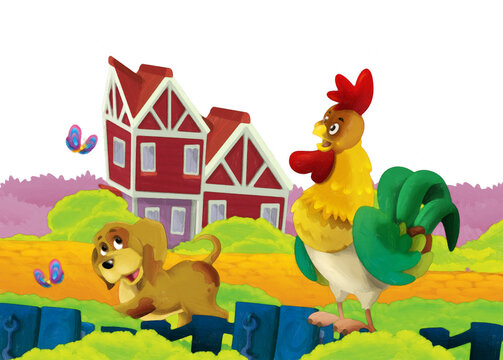 Cartoon farm scene with animal chicken bird having fun on white background with space for text - illustration for children artistic painting scene