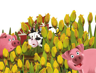 cartoon scene with pig and cow on a farm having fun on white background - illustration for children