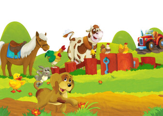 cartoon scene with dog having fun on the farm on white background - illustration for children artistic painting scene