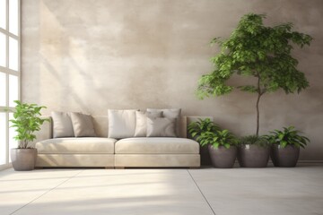 cozy living room with a green couch, potted plants, and natural light pouring in from the window. Generative AI