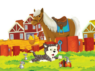 cartoon scene with cat and horse having fun on the farm on white background - illustration for children artistic painting scene