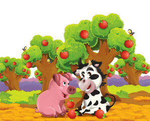 Obraz na płótnie Canvas cartoon scene with pig and cow on a farm having fun on white background - illustration for children artistic style painting