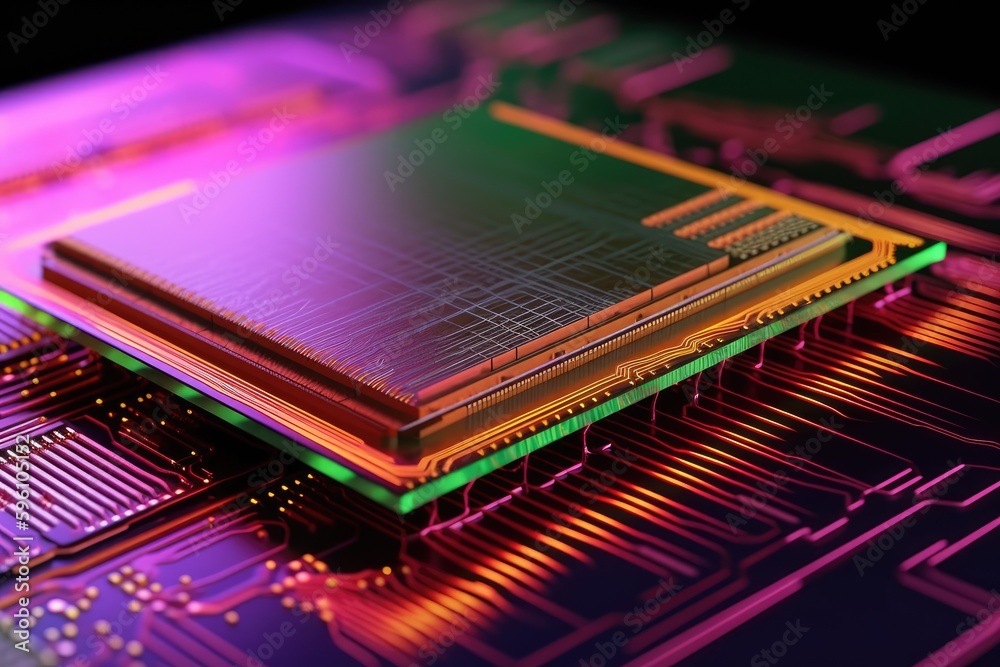 Poster close-up view of a computer chip on a printed circuit board. generative ai