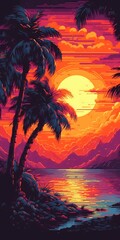 Tropical Island Illustration on Sunset. Generative ai