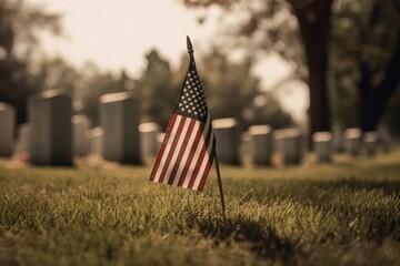 American flag waving in front of a military cemetery , emphasizing the importance of honoring and remembering American service members who have made the ultimate sacrifice. Generative AI.