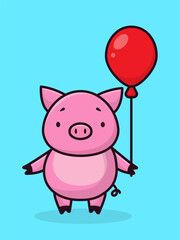 Obraz na płótnie Canvas Cartoon cute pig with red air balloon. Childrens card, childrens poster.