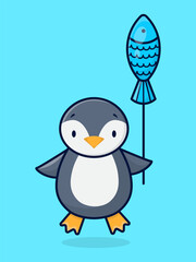 Cartoon cute penguin with balloon fish. Childrens card, childrens poster.