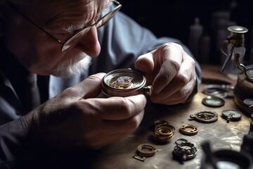 Meticulous watchmaker working on delicate gold watch piece. Generative AI