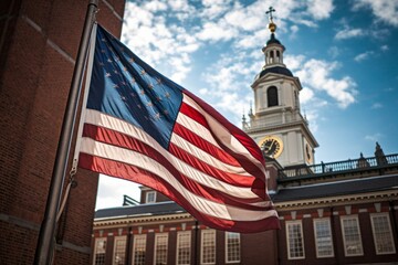 Fototapeta premium An American flag waving in front of a historic American landmark, such as Independence Hall or the Lincoln Memorial. The scene is perfect for showcasing American history and pride. Generative AI.