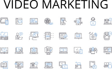 Video marketing line icons collection. Social media, Digital advertising, Virtual event, Email marketing, Search engine, Content creation, Online promotion vector and linear illustration. Graphic
